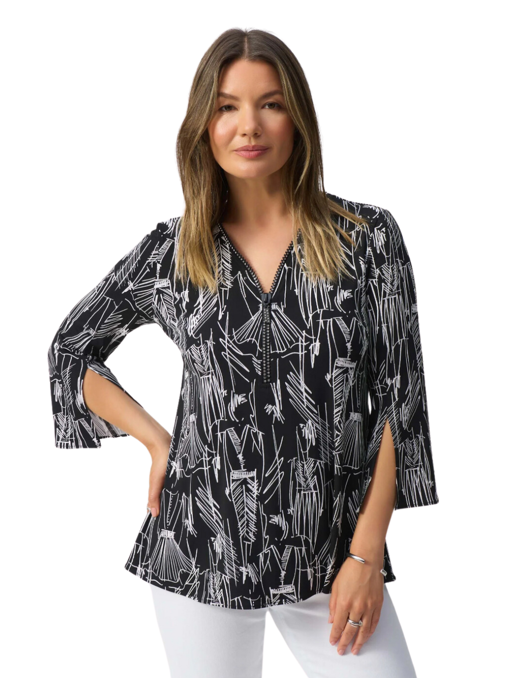 JOSEPH RIBKOFF Printed Top with Sparkle Zipper